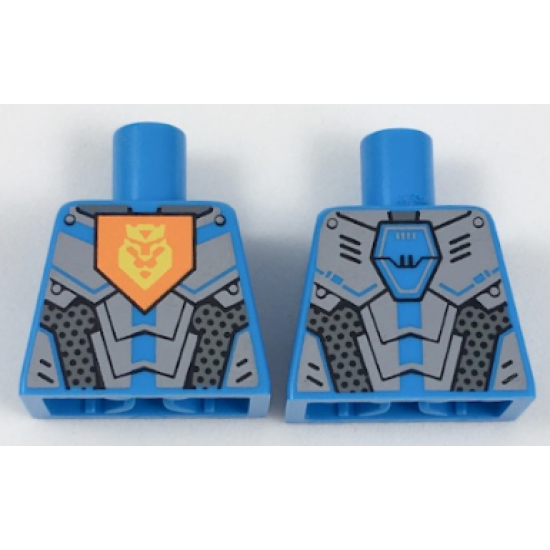 Torso Nexo Knights Armor with Orange Emblem with Yellow Crowned Lion, Silver Panels, Dark Azure Hexagon Pattern