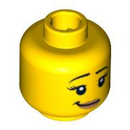 Minifigure, Head Female with Black Raised Eyebrows, Eyelashes, White Pupils, Nougat Lips, Lopsided Smile Pattern - Blocked Open Stud