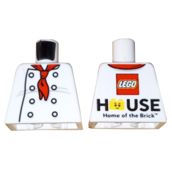 Torso Chef with 8 Buttons, Long Red Neckerchief, Light Bluish Gray Wrinkles Front, LEGO House Home of the Brick Back Pattern