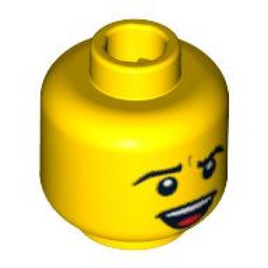 Minifigure, Head Male Black Eyebrows Furrowed, Open Mouth Smile with Teeth and Tongue, White Pupils Pattern - Blocked Open Stud