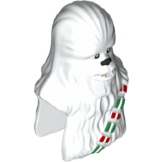Minifigure, Head, Modified SW Wookiee, Chewbacca with Black Eyes and Nose and Holiday Red and Green Ammo Strap Pattern