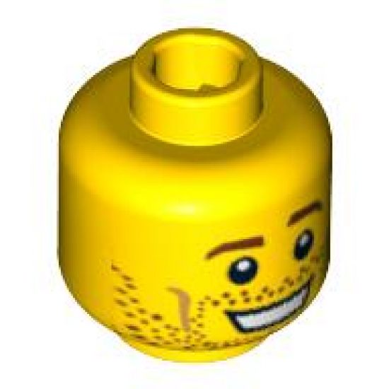 Minifigure, Head Male Brown Eyebrows, Open Mouth Smile, Stubble, White Pupils Pattern - Blocked Open Stud