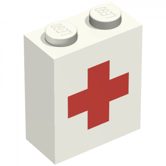 Brick 1 x 2 x 2 with Inside Axle Holder with Red Cross Pattern