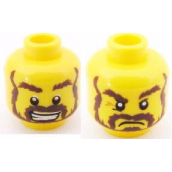 Minifigure, Head Dual Sided Beard Dark Brown, Bushy Eyebrows, Smile with Teeth / Angry Pattern - Blocked Open Stud