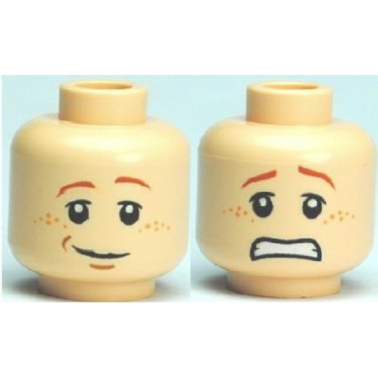 Minifigure, Head Dual Sided Dark Orange Eyebrows, Freckles, Smile / Scared Pattern (HP Ron) - Blocked Open Stud