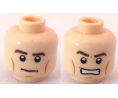 Minifigure, Head Dual Sided PotC Philip Thick Brown Eyebrows and Cheek Lines, Determined / Angry Pattern - Blocked Open Stud