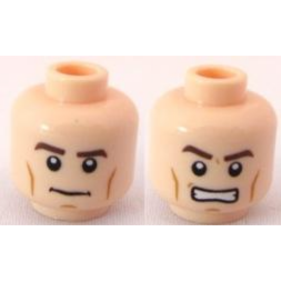 Minifigure, Head Dual Sided PotC Philip Thick Brown Eyebrows and Cheek Lines, Determined / Angry Pattern - Blocked Open Stud