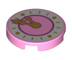 Tile, Round 2 x 2 with Bottom Stud Holder with Dark Pink Clock with Gold Hands Pattern