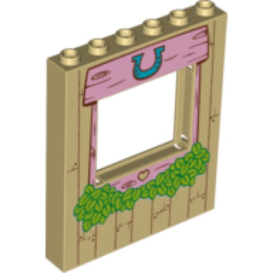 Panel 1 x 6 x 6 with Window with Pink Wood Frame, Horseshoe, Heart and Leaves Pattern