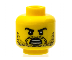 Minifigure, Head Beard Stubble, Black Angry Eyebrows with Open Mouth with Teeth Pattern - Blocked Open Stud