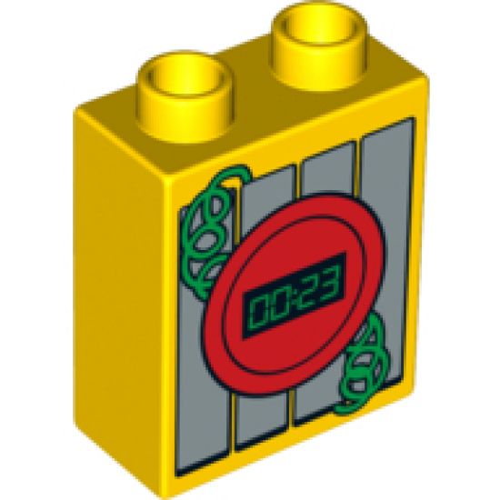 Duplo, Brick 1 x 2 x 2 with Digital Display with '00:23' and Green Coiled Wire Pattern