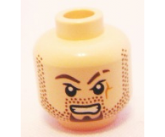 Minifigure, Head Beard Stubble, Goatee, Scar on Left Cheek and Eyebrow, Bared Teeth Pattern - Blocked Open Stud