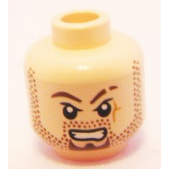 Minifigure, Head Beard Stubble, Goatee, Scar on Left Cheek and Eyebrow, Bared Teeth Pattern - Blocked Open Stud