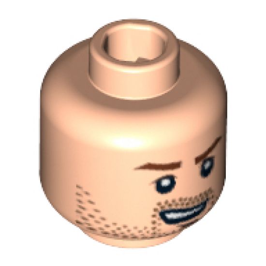 Minifigure, Head Male Brown Stubble, Brown Eyebrows and Open Grin Pattern - Hollow Stud