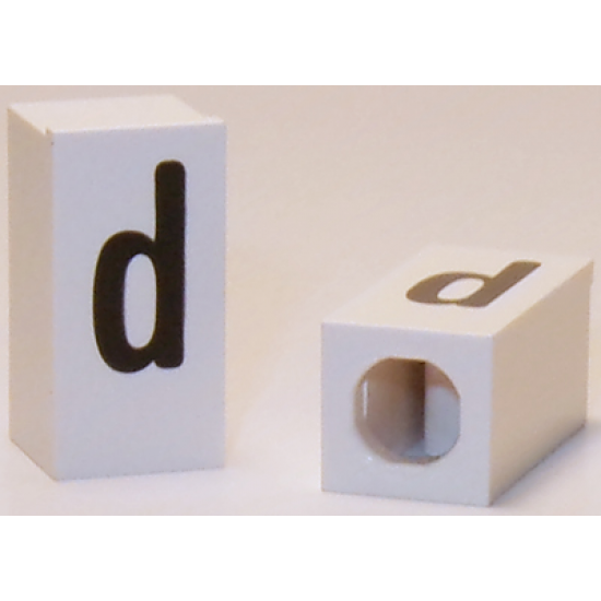 Tile, Modified 1 x 2 x 5/6 with Stud Hole in End and Black 'd' Lower Case Pattern