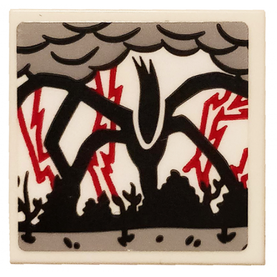Tile 2 x 2 with Black Mind Flayer Monster, Light Bluish Gray Clouds and Red Lightning Bolts Pattern (Sticker) - Set 75810