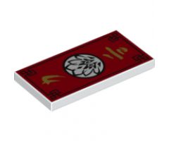 Tile 2 x 4 with Red Asian Tapestry with Black Border and Flower Symbol in White Circle Pattern