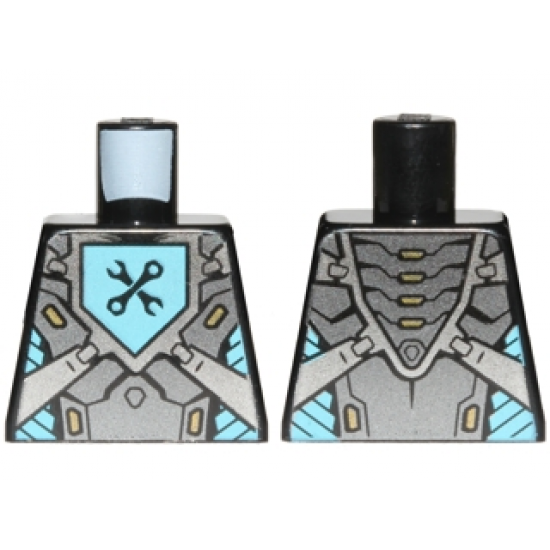 Torso Nexo Knights Armor with Silver Panels and Azure Emblem with Black Crossed Spanner Wrench and Box Wrench Pattern