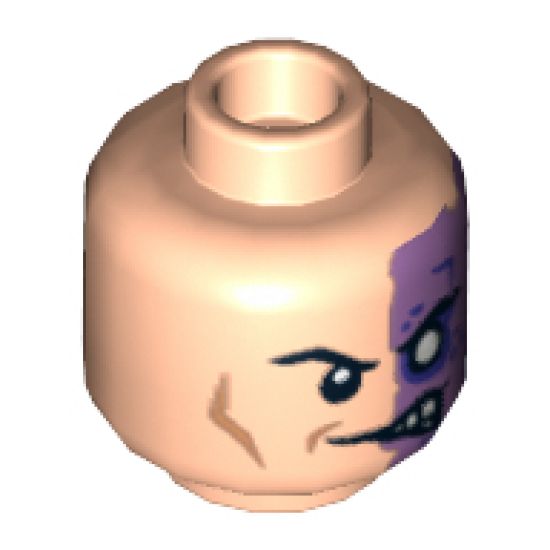 Minifigure, Head Male Half Normal, Half Purple with Scar and No Pupil Pattern (Two-Face) - Hollow Stud