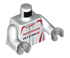 Torso Speed Champions Jumpsuit with Red and Light Bluish Gray Trim, Red 'NISSAN' and Black 'NISMO' Pattern / White Arms / Light Bluish Gray Hands