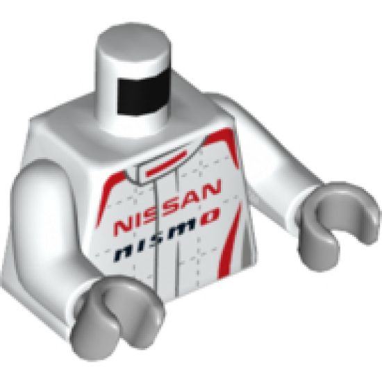 Torso Speed Champions Jumpsuit with Red and Light Bluish Gray Trim, Red 'NISSAN' and Black 'NISMO' Pattern / White Arms / Light Bluish Gray Hands