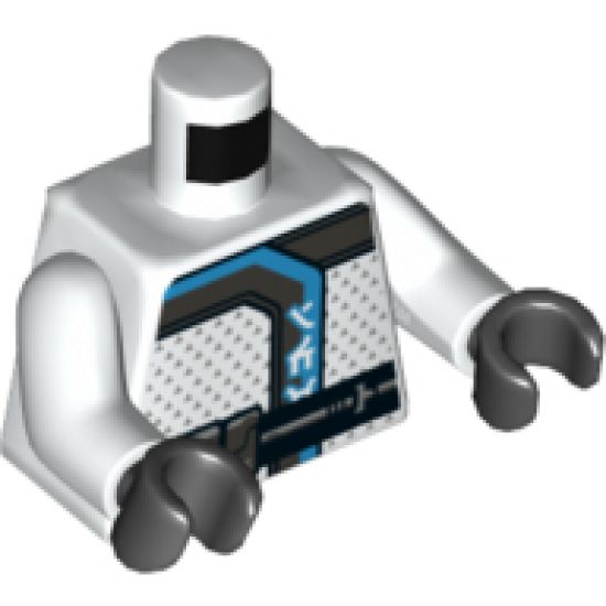 Torso Ninja Robe with Silver and Dark Azure Trim, Ninjago Logogram 'ICE', Black Belt with Silver Pouches, Symbol on Back Pattern / White Arms / Black Hands