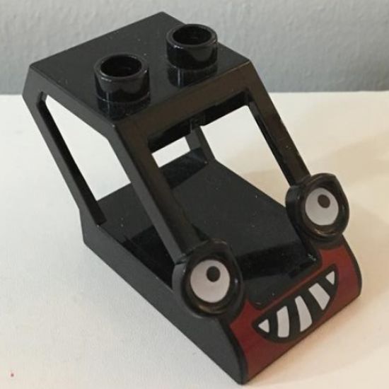 Duplo, Vehicle Cabin Crawler Backhoe Sloped 2 x 4 x 2 with Headlights Eyes and Dark Red / White Grille Pattern (Benny)