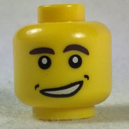 Minifigure, Head Male Dark Brown Eyebrows (Left Curved Down), Open Side Smile with Dimples (No Chin Dimple) Pattern - Hollow Stud