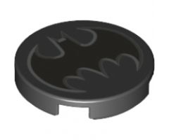 Tile, Round 2 x 2 with Bottom Stud Holder with Pearl Dark Gray Bat Batman Logo with Silver Edges Pattern