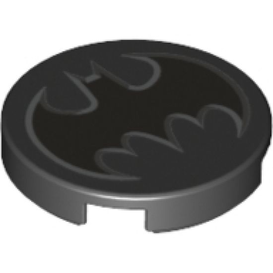 Tile, Round 2 x 2 with Bottom Stud Holder with Pearl Dark Gray Bat Batman Logo with Silver Edges Pattern