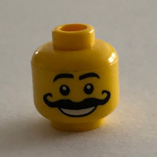 Minifigure, Head Moustache Curly Long Thick, White Grin, Raised Eyebrows Pattern - Blocked Open Stud