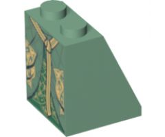 Slope 65 2 x 2 x 2 with Bottom Tube with Minifigure Dress/Skirt/Robe, Layered with Dark Green Panel and Gold Belt Pattern
