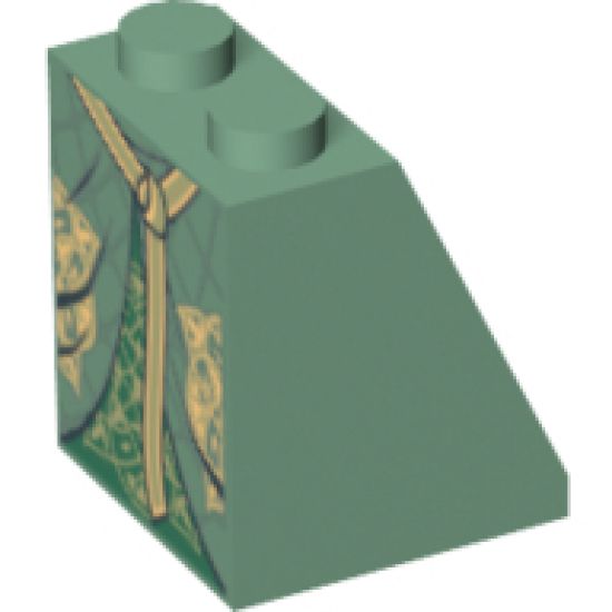 Slope 65 2 x 2 x 2 with Bottom Tube with Minifigure Dress/Skirt/Robe, Layered with Dark Green Panel and Gold Belt Pattern