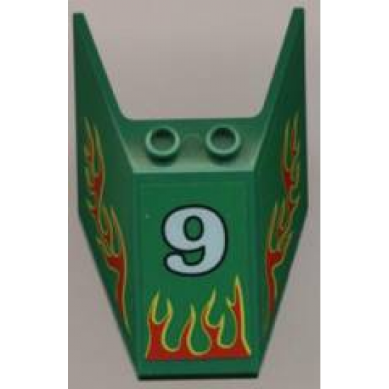 Windscreen 6 x 4 x 1 1/3 with Bottom Tabs and Hollow Studs with Number 9 and Red Flames Pattern (Stickers) - Set 6568