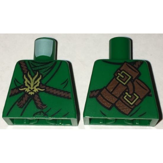 Torso Ninjago Brown Rope, Gold Medallion and Dark Green Undershirt Front, Scabbards on Back Pattern