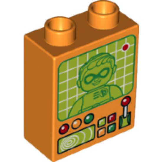 Duplo, Brick 1 x 2 x 2 with Lever, Controls and Screen with Robin Pattern