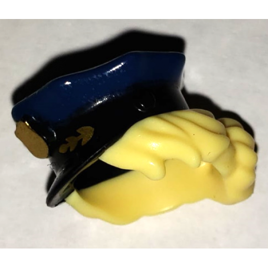 Minifigure, Hair Combo, Hat with Hair, Police with Dark Blue Top with Gold Badge and Bright Light Yellow Hair Pulled Into Bun Pattern (BAM)