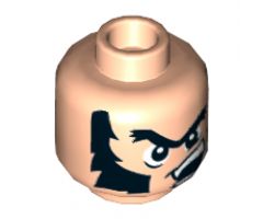 Minifigure, Head Bushy Black Unibrow and Long Thick Sideburns, Off-Center Scowl Pattern - Hollow Stud