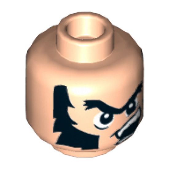 Minifigure, Head Bushy Black Unibrow and Long Thick Sideburns, Off-Center Scowl Pattern - Hollow Stud