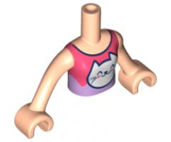 Mini Doll, Torso Friends Girl Coral and Lavender Top, White Kitty Cat Head Pattern, Light Nougat Arms with Hands