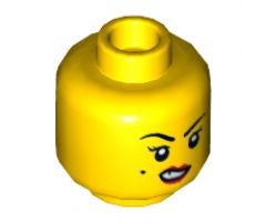 Minifigure, Head Dual Sided Female, Black Eyebrows and Beauty Mark on Right Cheek, Red Lips and Chipped Tooth, Smile / Sneer Pattern - Hollow Stud