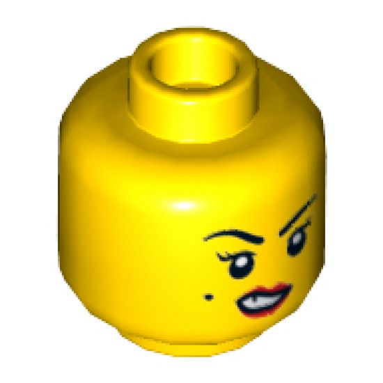 Minifigure, Head Dual Sided Female, Black Eyebrows and Beauty Mark on Right Cheek, Red Lips and Chipped Tooth, Smile / Sneer Pattern - Hollow Stud