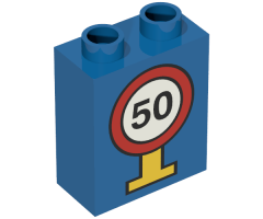 Duplo, Brick 1 x 2 x 2 with Road Sign Speed Limit 50 Pattern