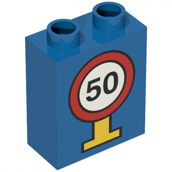 Duplo, Brick 1 x 2 x 2 with Road Sign Speed Limit 50 Pattern