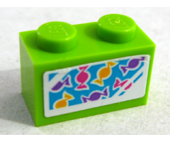 Brick 1 x 2 with Dark Purple, Dark Pink and Yellow Candies Pattern (Sticker) - Set 41109