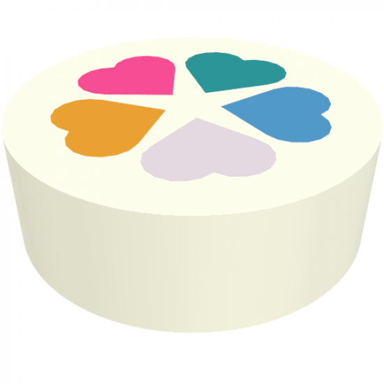 Tile, Round 1 x 1 with Flower Pattern Made of 5 Hearts in Lavender, Bright Light Orange, Dark Pink, Dark Turquoise, and Dark Azure