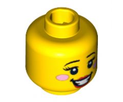 Minifigure, Head Female with Black Eyebrows, Eyelashes, Red Lips, Open Smile and Pink Cheeks Pattern - Hollow Stud