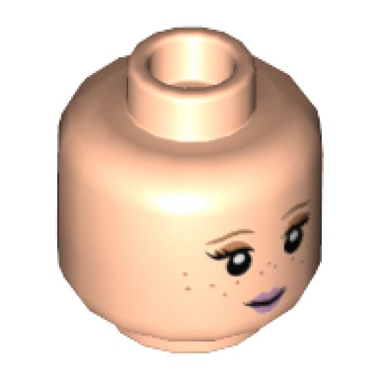 Minifigure, Head Dual Sided Female Medium Nougat Eyebrows and Freckles, Pink Lips, Neutral / Small Smirk Pattern - Hollow Stud