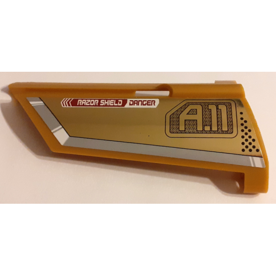 Technic, Panel Fairing #21 Large Long, Small Hole, Side B with 'RAZOR SHIELD DANGER' and 'A.11' Pattern (Sticker) - Set 7714