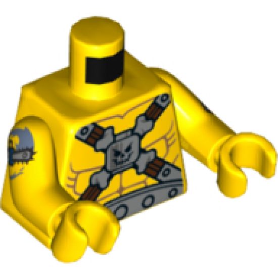 Torso Muscles Outline, Cross Straps, Silver Belt, Buckles, Head, Crossbones Pattern / Yellow Arms with Surfboard and Chainsaw Pattern / Yellow Hands
